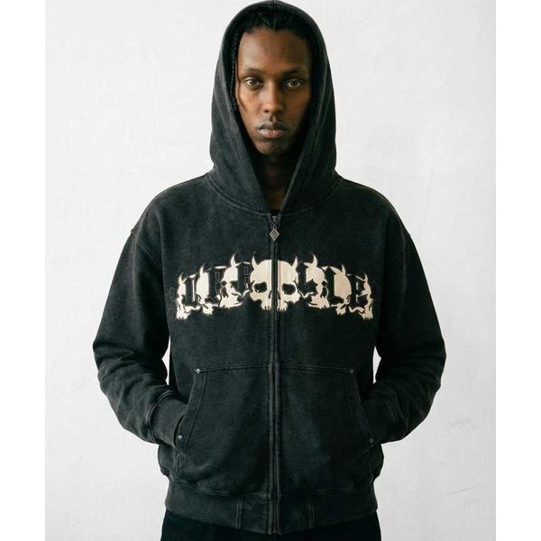 パーカー ジップフーディ｜Demon Skull Leather Patch Zip Hoodie｜...