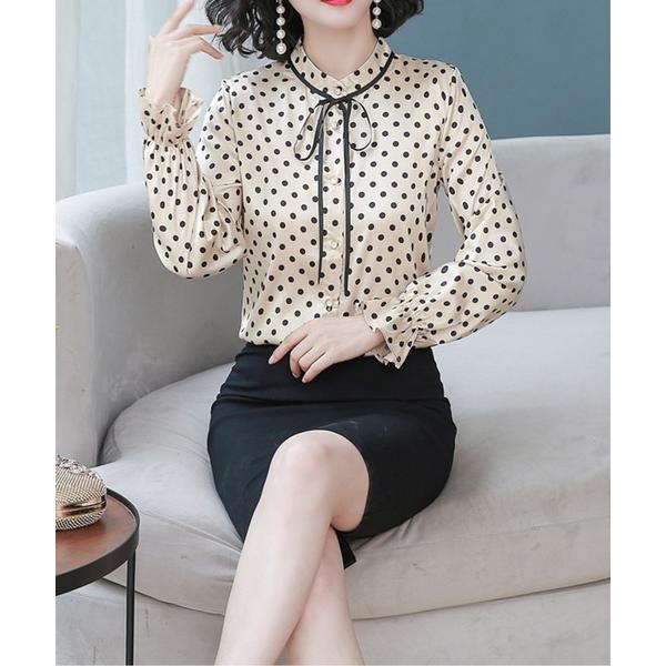 ブラウス シャツ リボンタイドット柄ブラウス レディース