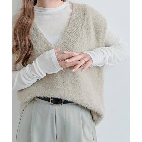 ベスト ジレ 深Vネック シャギー ニット ベスト　重ね着 ゆったり 体型カバー きれいめ ナチュラ...