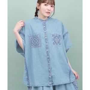 ブラウス シャツ Rico ライトデニムメヒコタイル刺繍シャツ レディース