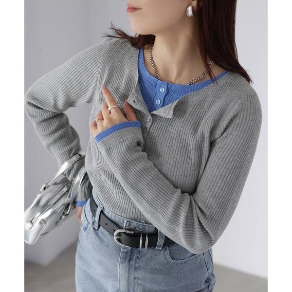 ニット セーター レイヤードライク配色ヘンリーリブニット レディース