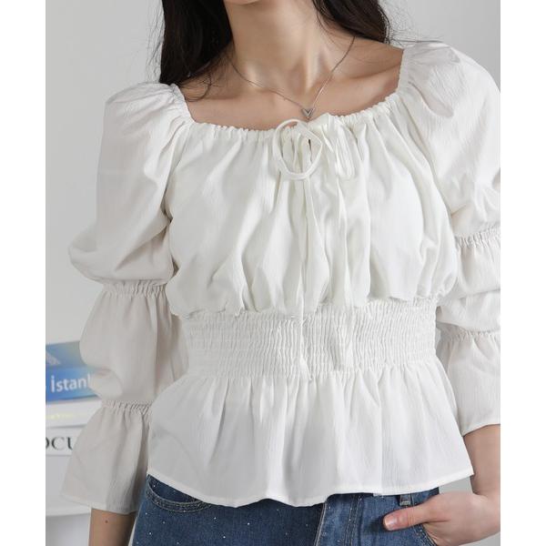 ブラウス シャツ リボンポイント スクエアネック シャーリング ブラウス レディース