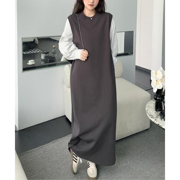 ワンピース ストライプスリーブドッキングスウェットワンピース