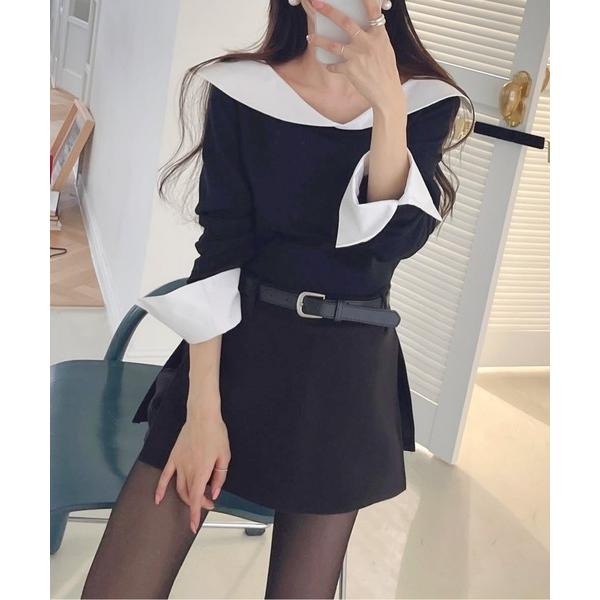 ブラウス シャツ セーラーカラー配色ペプラムトップス レディース