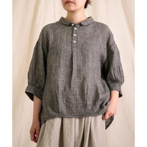 ブラウス シャツ 「Brocante / ブロカント」 リネンガーゼチェック バロンシャツ レディース