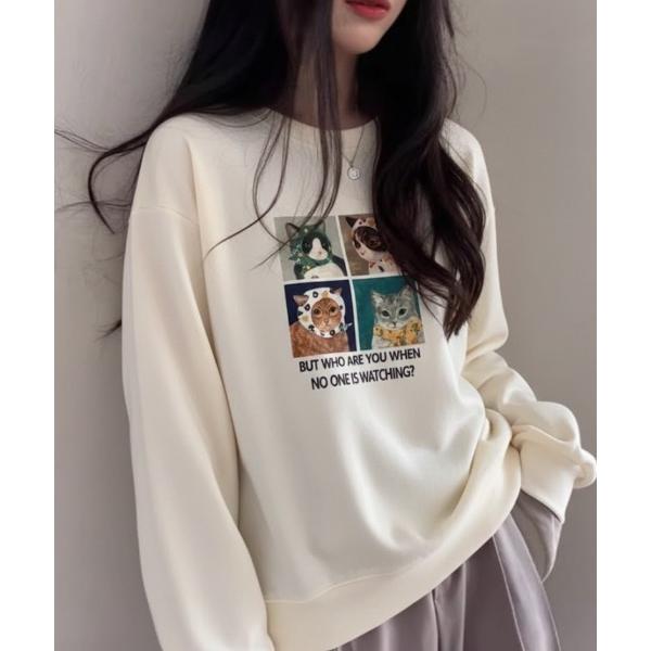 tシャツ 「26年春新作」キャット柄プルオーバー ルーズシルエットロンT レディース