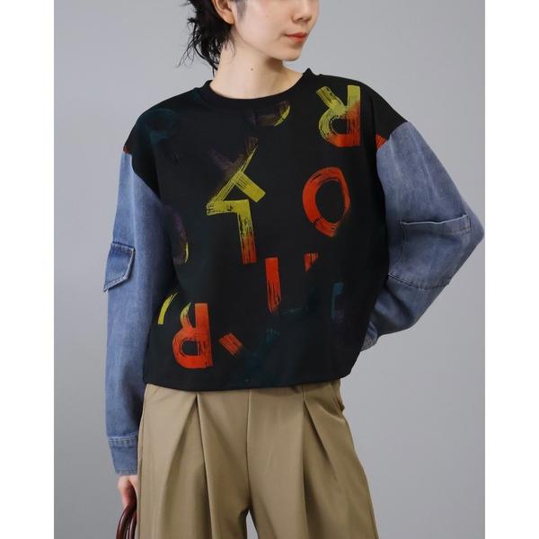 tシャツ デニム袖　英字プリントデザイン　プルオーバー レディース