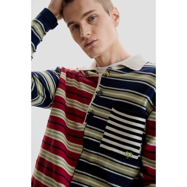 セーター ニット マルチボーダー パネル切替 長袖ポロシャツ メンズ