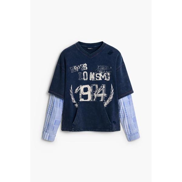 トレーナー スウェット ダメージ風加工 レイヤード グラフィックTシャツ / ストライプスリーブ メ...