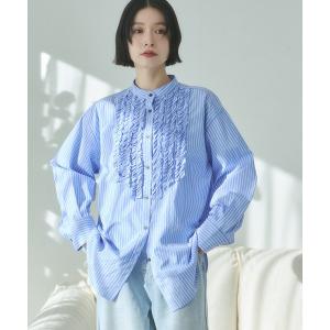 ブラウス シャツ スラブ/デニム ストライプフリルシャツ レディース