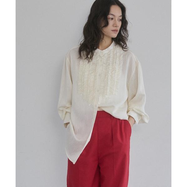 ブラウス シャツ 入学式 スラブ/デニム ストライプフリルシャツ レディース