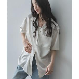 ブラウス シャツ オープンカラーハーフスリーブサテンシャツ レディース