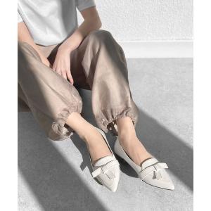 パンプス ポインテッドトゥ ステッチリボンデザイン フラットパンプス