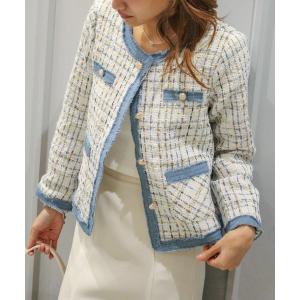 ジャケット ノーカラージャケット デニムトリムツィードジャケット レディース