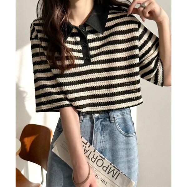 ポロシャツ ポロ 「JaVaジャバコラボ」大人カジュアルを格上げ。クロシェレース風ボーダーポロ衿トッ...