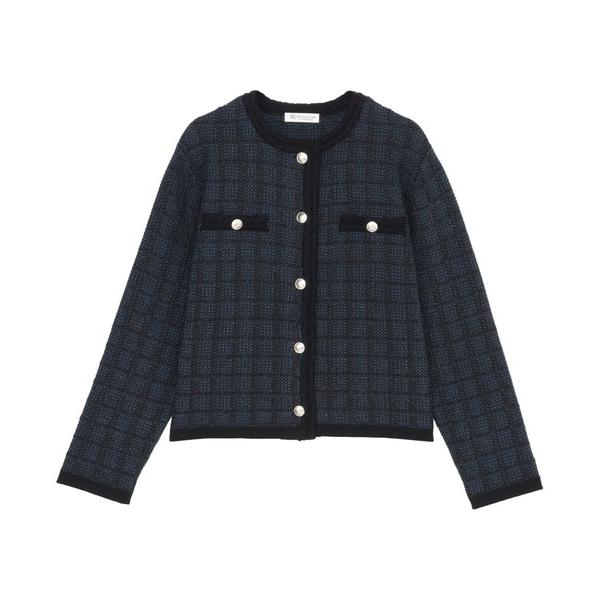 ジャケット ノーカラージャケット ツイード風 クルーネック ジャケット レディース