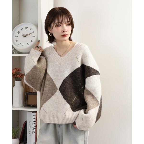 ニット セーター ルーズアーガイルVネックニット レディース