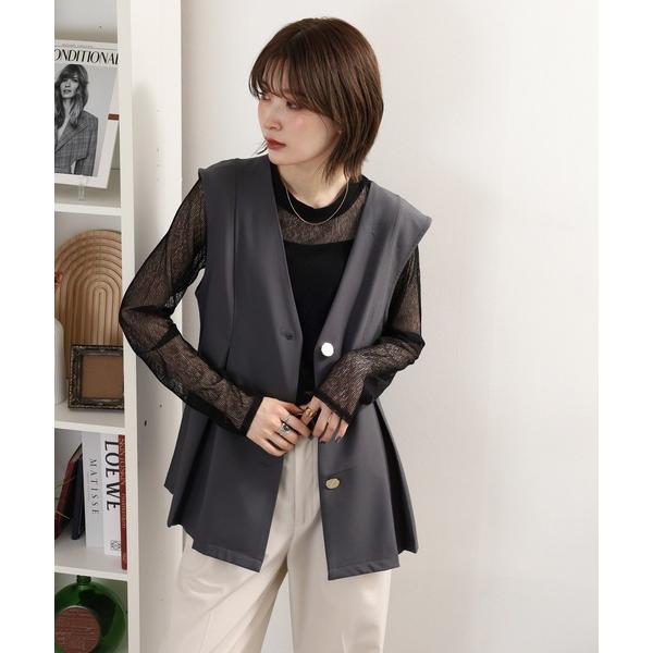 ベスト ジレ Vネック金ボタンペプラムベスト レディース