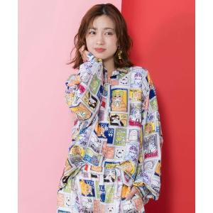 ブラウス シャツ ScoLar(スカラー) にゃんスタンプ柄 ワッシャーシャツ レディース