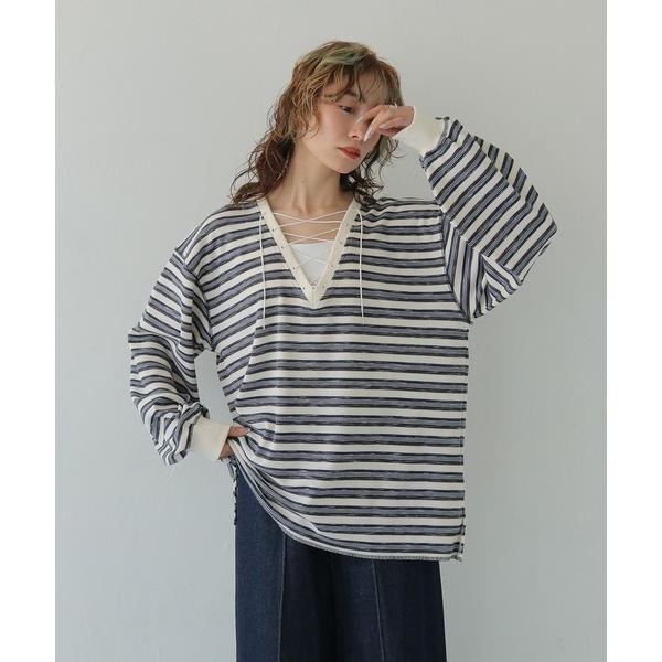 tシャツ 「CLEIO」レースアップワッフルボーダートップス LACE-UP WAFFLE BORD...