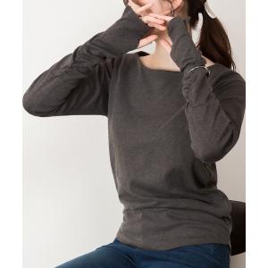 tシャツ M-4L 指穴付き ボートネックくしゅくしゅ袖カットソー レディース