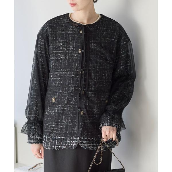 ジャケット ノーカラージャケット ツイード×チュール　レイヤードジャケット レディース