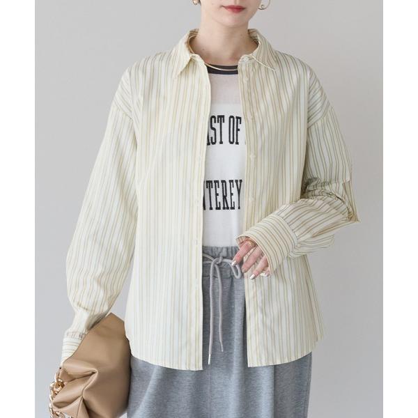 ブラウス シャツ ウエストリボン　ストライプシャツ レディース