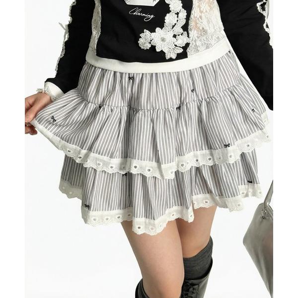 スカート ストライプティアード レースミニスカート