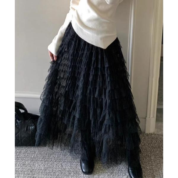 スカート ドット柄プリーツレイヤード フレアスカート