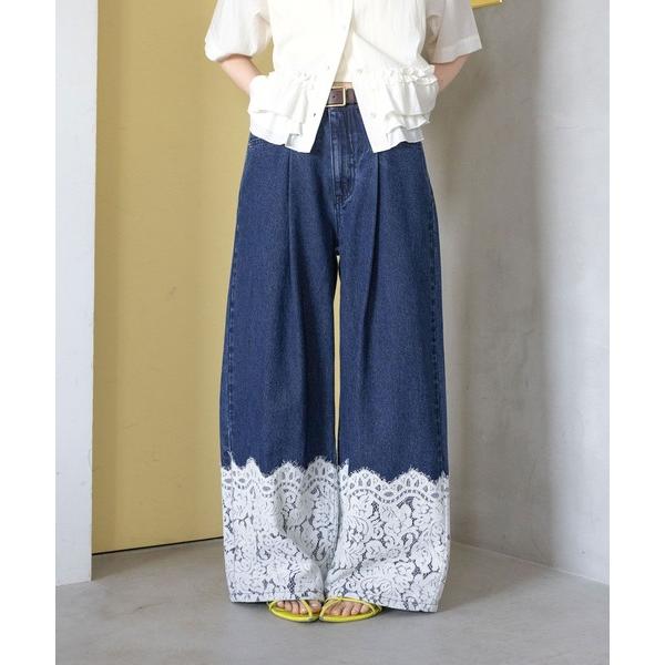 ワイドパンツ ジーンズ デニム デニムパンツ レースデザインワイドデニムパンツ レディース