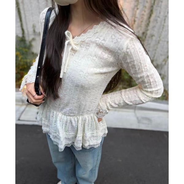 tシャツ Airy Lace Ribbon Top レディース