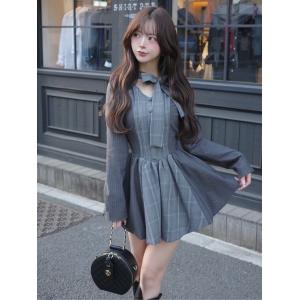 ワンピース チェックストライプバルーンミニワンピース