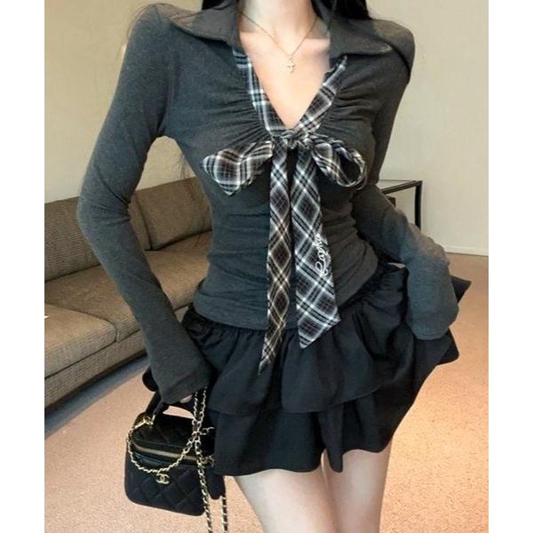 tシャツ 「CANVAS＋」ポロ襟チェックリボンギャザートップス レディース