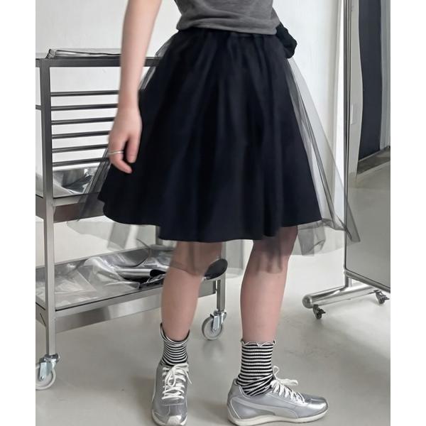 スカート ミディ丈サイドリボンチュールスカート