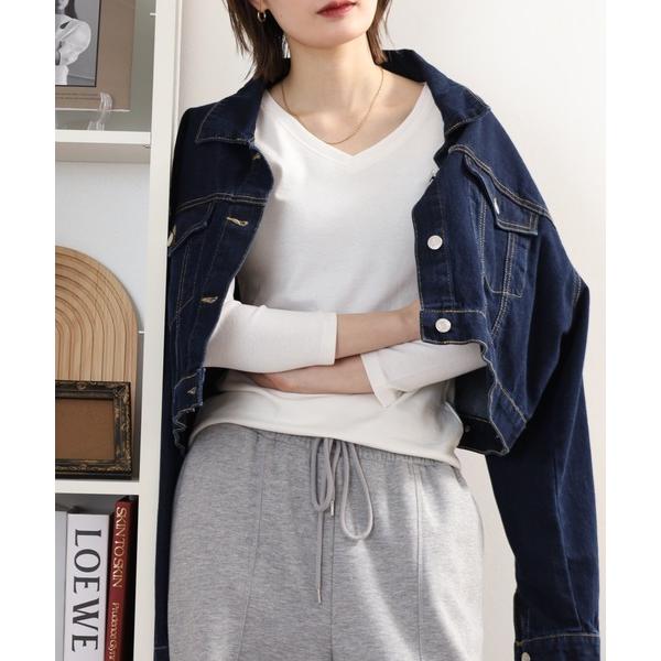 tシャツ Vネック8分袖コットンフライスTシャツ レディース