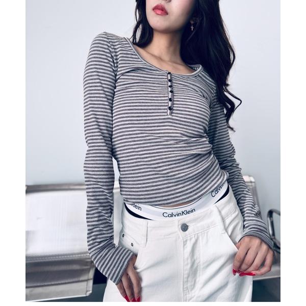 tシャツ 「ヘンリーネック」 細ボーダー タイトトップス レディース
