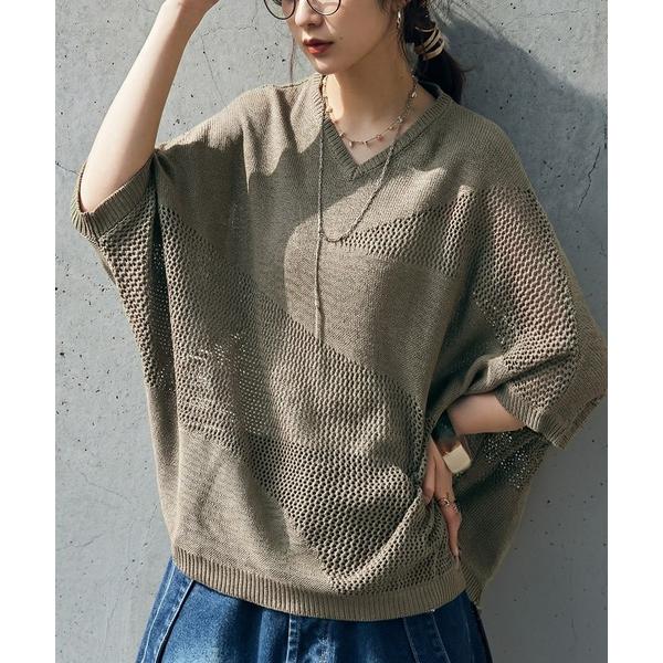 アンティカ antiqua ニット セーター ドルマン Vネック メッシュ ニット レディース