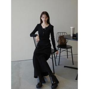 ワンピース ボタンレイヤードデザインニットワンピース / ブラック