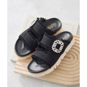 サンダル 厚底 デニム ビジューバックル サンダル レディース