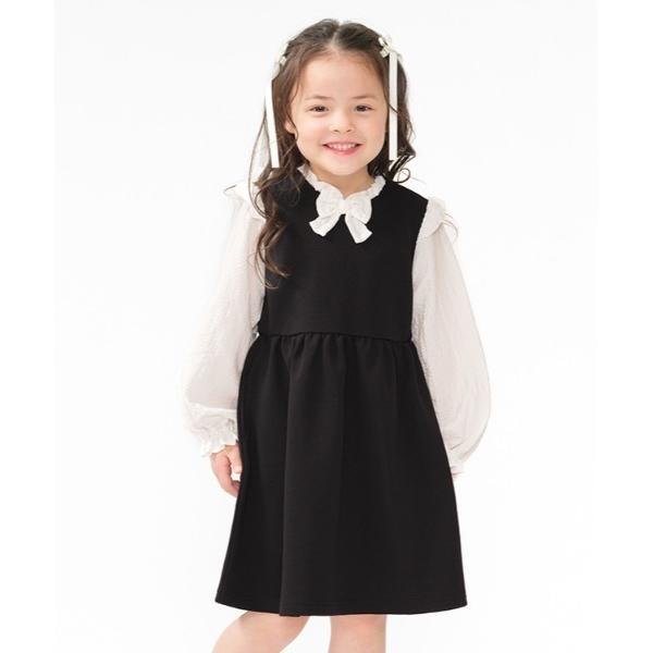 ワンピース リボン付き重ね着風長袖ワンピース キッズ 子供服 女の子