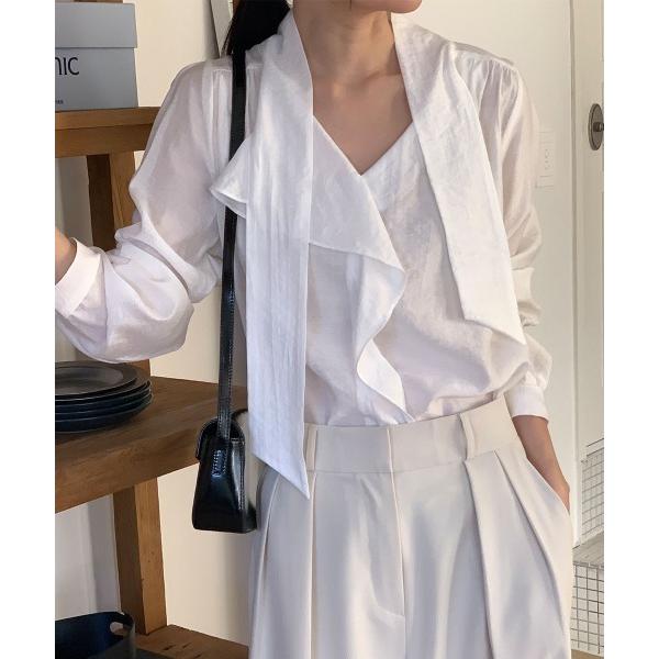 ブラウス シャツ シャイニー フリル タイブラウス レディース