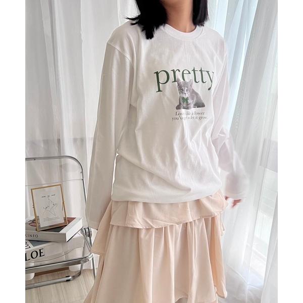 tシャツ リボン×キャットデザインロンT／長袖Tシャツ レディース