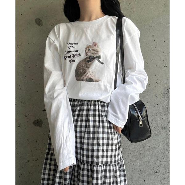 tシャツ ビッグキャット×リボンロンT／長袖Tシャツ レディース