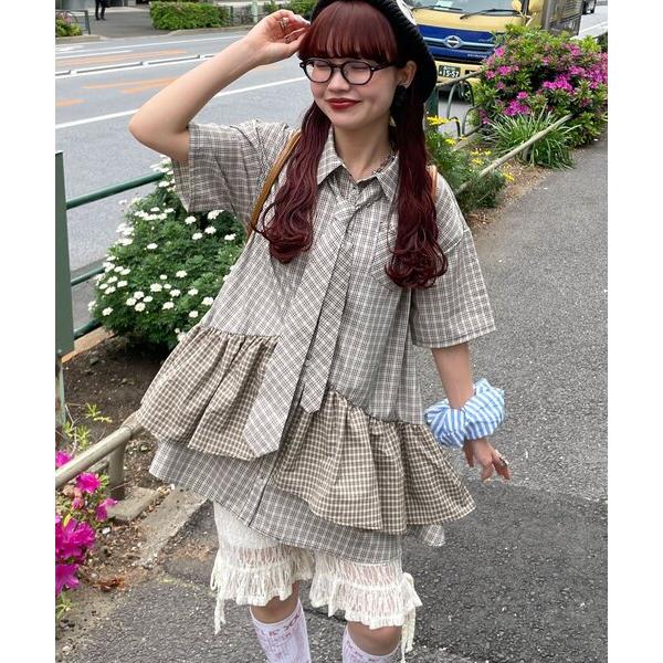 ブラウス シャツ ネクタイ付きティアードチュニックシャツワンピース レディース