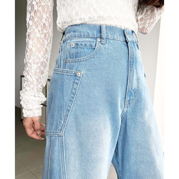 ジーンズ デニム デニムパンツ ビッグポケット切替カーブデニム レディース