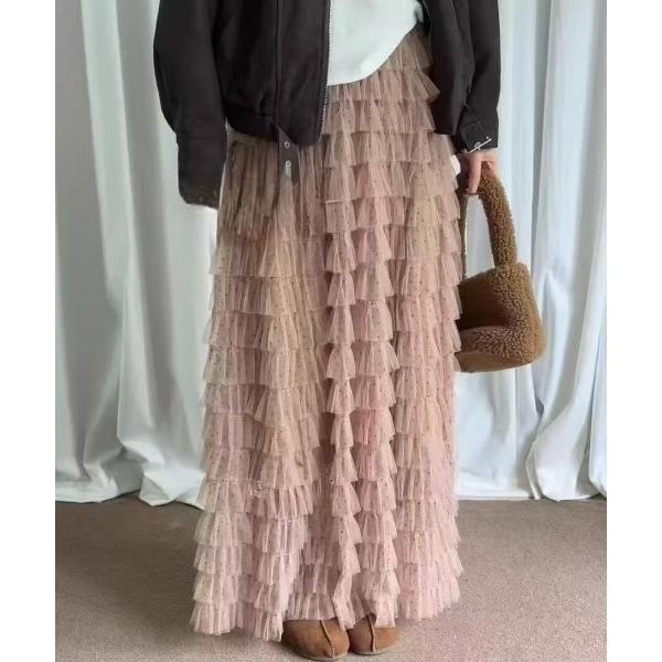 スカート 「26春夏新作」ドットチュール ティアードロングスカート