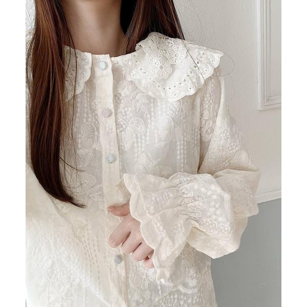 ブラウス シャツ フラワー刺繍ビッグカラーブラウス レディース