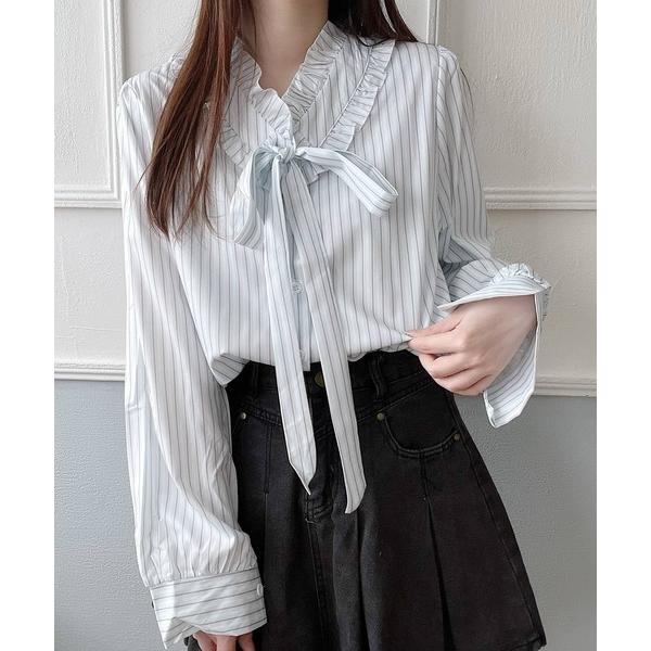 ブラウス シャツ フリルカラーストライプシャツ レディース