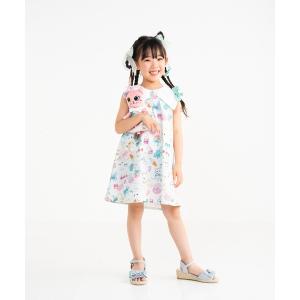 ワンピース ミントストライプねこプリント　リボン衿ワンピース キッズ 子供服 女の子