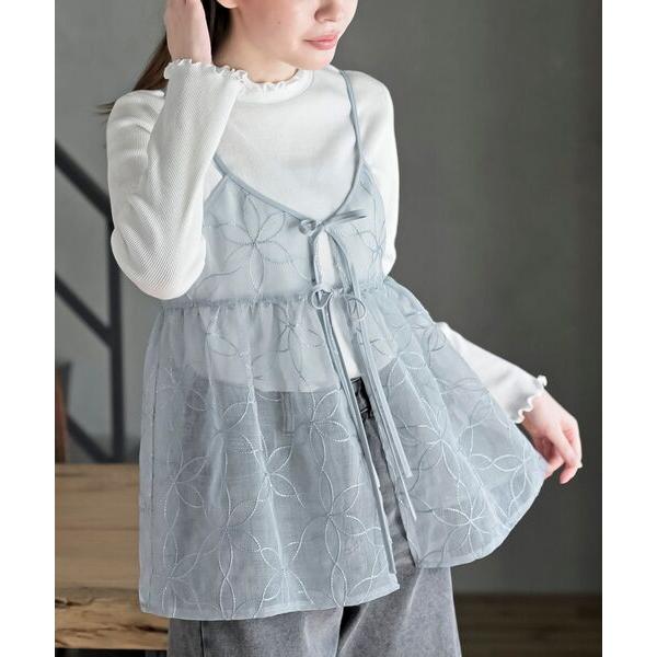 チュニック 花柄刺繍前開きダブルリボンキャミチュニック